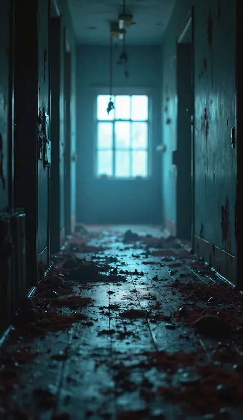 Awakening in the zombie apocalypse
First-person perspective of someone waking up on the cold, dirty floor of an abandoned building. The corridor ahead is covered in blood and debris. A bluish and cold light comes through a broken window in the background, ...