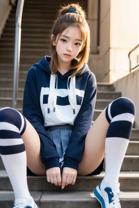 Sit with your legs open on a concrete staircase, female elementary school student ,spread legs,navy blue hoodie,denim pleated miniskirt,((Stripes々 knee-high socks with stripes on both legs)),sneakers,high quality white panties for elementary school girls f...