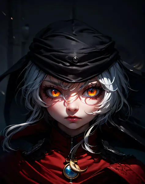 (absurdres, highres, ultra detailed), masterpiece, perfect resolution, great detail, super detailed, detailed face, pale skin, pink dry lips, orange eyes, (black sclera), light eyes, tired looking, tired eyes, white hair, messy hair, unkept hair, long hair...