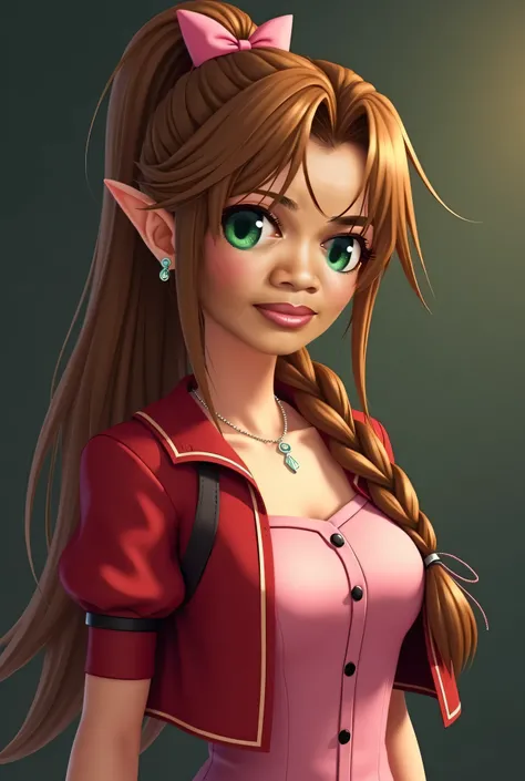 A realistic picture of Malinee a beautiful smiling thai girl An Ultra-Realistic full body shot of Aerith Gainsborough from Final Fantasy VII Game. Hairstyle: Long, chestnut-brown hair styled in a high ponytail with loose bangs framing her face. She also ha...