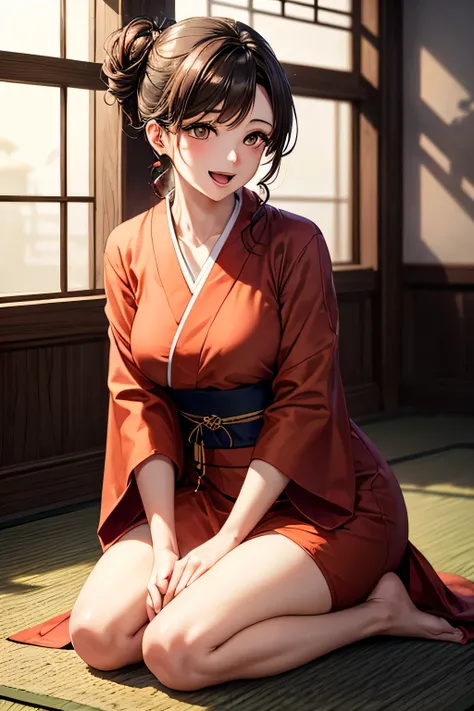 masterpiece, high quality, female, thirties, elegant, natural beauty,Long,black updo hair, smiling, soft lighting, casual outfit,open mouth,A young elegant woman with long,, (((brown eyes))), A refined young woman wearing a soft red kimono she is seen knee...