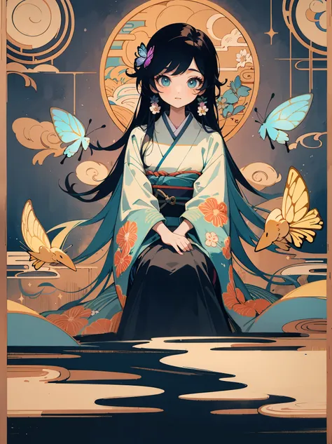 Dressed in oversized shirts and decorated with traditional patterns and colors, they capture the essence of the kimono. A  female  sits facing forward against a background of colorful floral patterns and butterflies. The background is filled with stylized ...