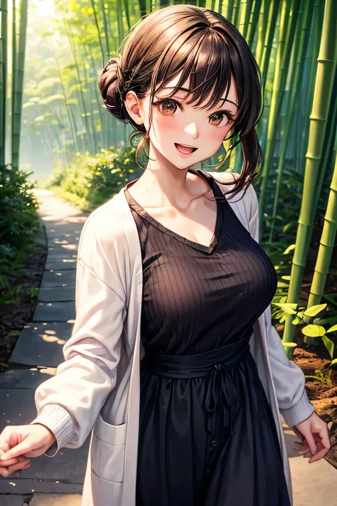 masterpiece, high quality, female, thirties, elegant, natural beauty,Long,black updo hair, smiling, soft lighting, casual outfit,open mouth,A young elegant woman with long,,tits,(((brown eyes))), A young woman in a lavender long dress with a white cardigan...