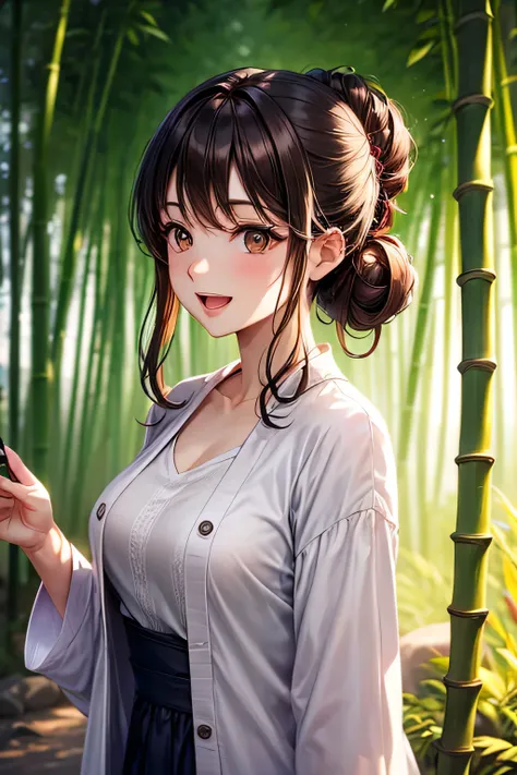 masterpiece, high quality, female, thirties, elegant, natural beauty,Long,black updo hair, smiling, soft lighting, casual outfit,open mouth,A young elegant woman with long,,tits,(((brown eyes))), A young woman in a lavender long dress with a white cardigan...