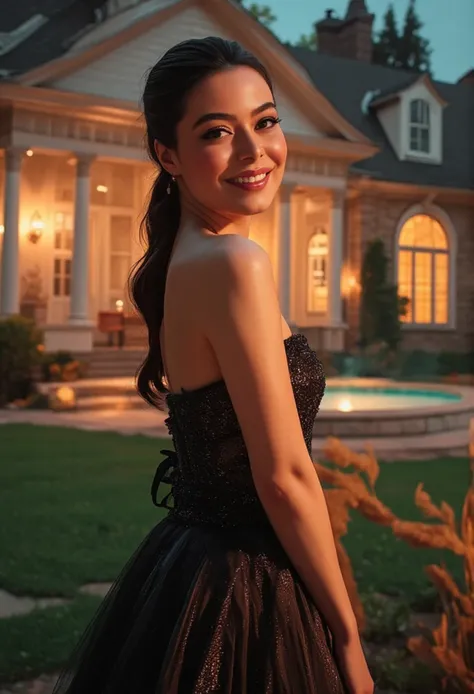 Miranda Cosgrove, solo, braid hair, evening dress, bare shoulders, absurdres, very aesthetic, best quality, masterpiece, perfect face, perfect anatomy, smile, house scenery. 