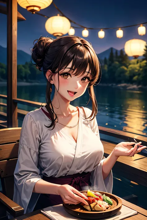 masterpiece, high quality, female, thirties, elegant, natural beauty,Long,black updo hair, smiling, soft lighting, casual outfit,open mouth,A young elegant woman with long,,tits,(((brown eyes))), she enjoys a traditional kaiseki meal on a riverside wooden ...