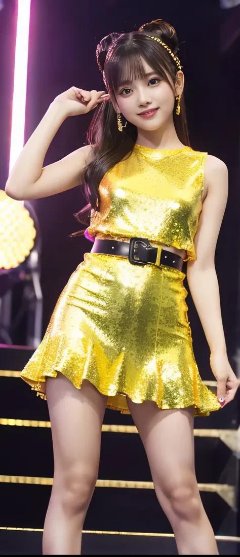 pure idol girl、full body、A pure girl's face、 hypo、、Yellow Gold Sequin Tight Mini Dress（Sleeveless）、Glowing flashing wand、Spark belt 