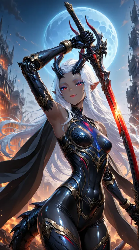 (cowboy shot),masterpiece,best quality,official art,extremely detailed CG unity 8k wallpaper,extremely detailed background, fantasy art, intricate details, (Sci-fi style), (Mechanical style),1girl,aorun,dark elf,dark-skinned female,solo,dark skin,red eyes,...