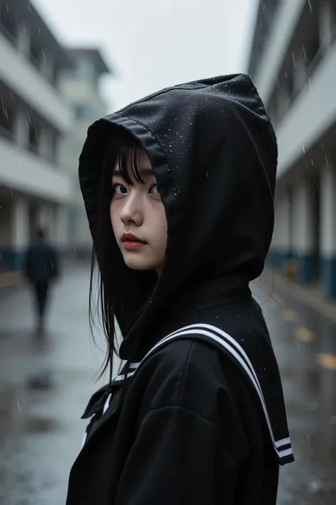 18-year-old Korean idol girl, Transfer Student Standing Alone、Wearing a Hooded Uniform and Half of Her Face Is Hidden in the Shadows、Looking at the Rainy Schoolyard、Black and White Hues、Melancholy Atmosphere、realistic texture、cinematic composition