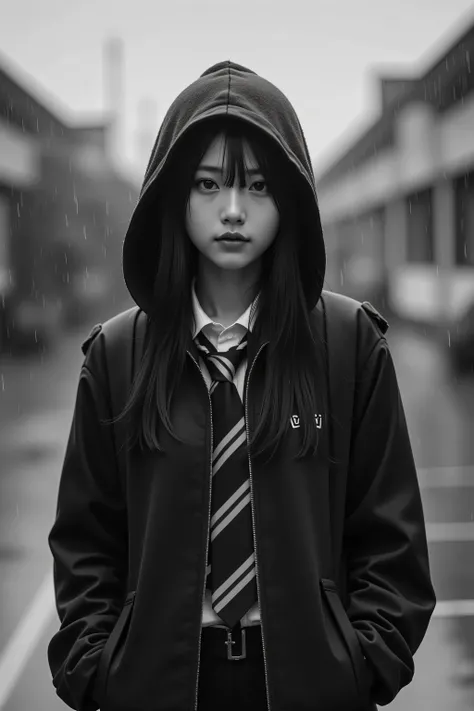 18-year-old Korean idol girl, Transfer Student Standing Alone、Wearing a Hooded Uniform and Half of Her Face Is Hidden in the Shadows、Looking at the Rainy Schoolyard、Black and White Hues、Melancholy Atmosphere、realistic texture、cinematic composition