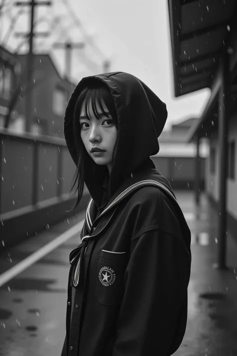 18-year-old Korean idol girl, Transfer Student Standing Alone、Wearing a Hooded Uniform and Half of Her Face Is Hidden in the Shadows、Looking at the Rainy Schoolyard、Black and White Hues、Melancholy Atmosphere、realistic texture、cinematic composition