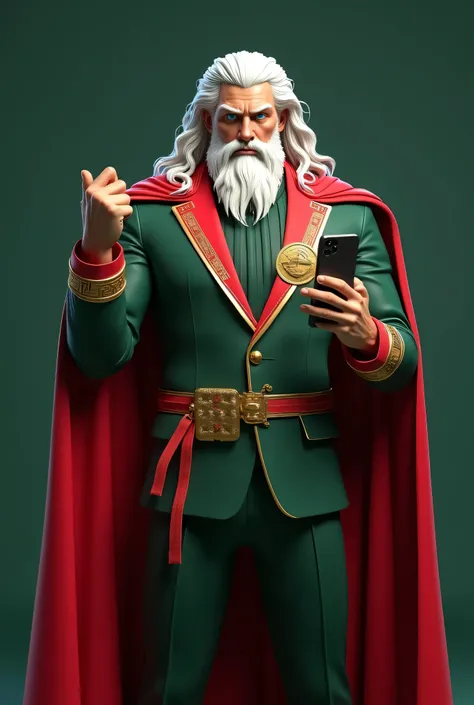 3d model, octane volumetric rendering, highly detailed videogame, Full body portrait of Zeus, the Greek god of thunder, in a sleek and modern suit. The suit combines bright red #3f7efa and dark green #023144, symbolizing the combination of traditional stre...