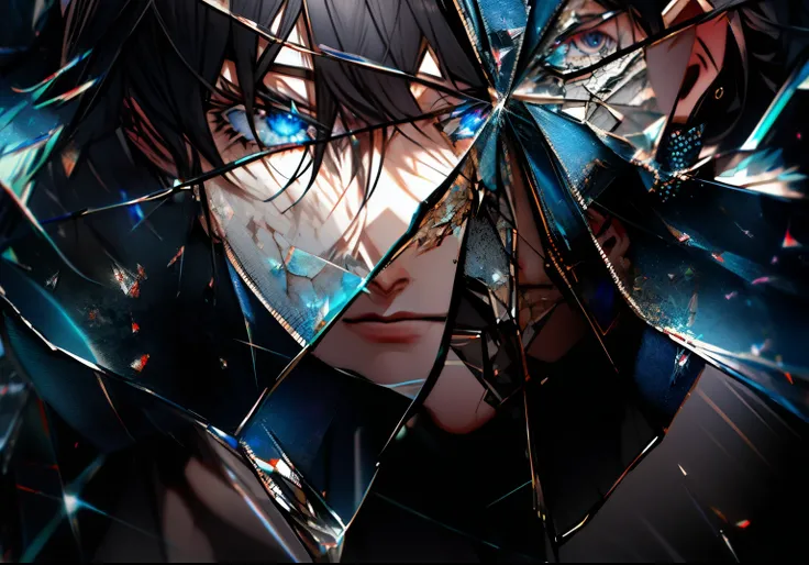 masterpiece,best quality,ultra-detailed,very detailed illustrations,extremely detailed,intricate details,highres,super complex details,extremely detailed 8k cg wallpaper, (male_face) anime boy, scruffy black hair, bangs, Blue eyes, long earrings, black hoo...