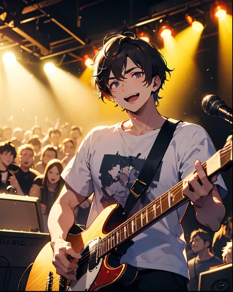 A man in his 30s who is calm、Alone、handsome、 have strong eyesight 、gentle smile、singing with guitar、black short length hair with chunky gold highlights、white t-shirt large、rock concert with lights、concert hall