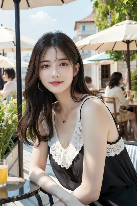 masterpiece, Highest quality, realistic, Very detailed, Finer Details, High resolution, 8k wallpaper, One beautiful woman,Wear a nice blouse, On the terrace of a lovely cafe, black hair、 Hairstyle Shortcut 、Wavy Hair、、 耳にピアス、necklaces、smile
