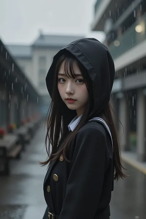 18-year-old Korean idol girl, Transfer Student Standing Alone、Wearing a Hooded Uniform and Half of Her Face Is Hidden in the Shadows、Looking at the Rainy Schoolyard、Black and White Hues、Melancholy Atmosphere、realistic texture、cinematic composition