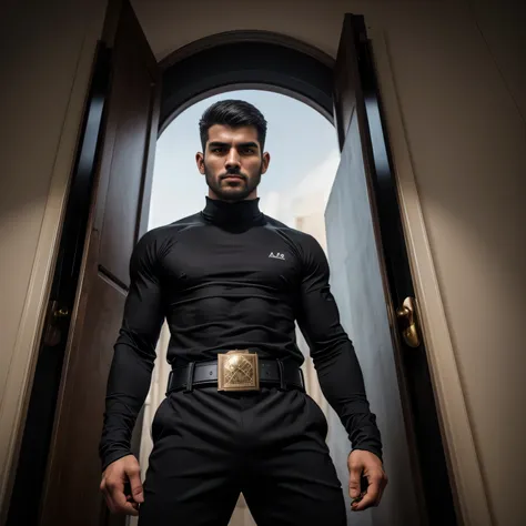 Age 27、handsome guy , 1 man,black long sleeve t-shirt。 short hair short hair 、Guarding in front of the door、manly fighting pose　　 as seen from below。　upper body ups 　 Menacing look　　 black slim pants　　 black gloves　Champion Belt　　upper body ups　 black slim...