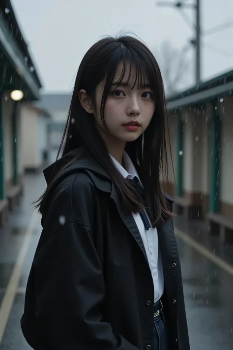 18-year-old Korean idol girl, Transfer Student Standing Alone、Wearing a Hooded Uniform and Half of Her Face Is Hidden in the Shadows、Looking at the Rainy Schoolyard、Black and White Hues、Melancholy Atmosphere、realistic texture、cinematic composition