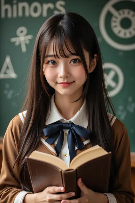 transfer student holding an old book、vintage style uniform、smile mysteriously、inexplicable symbols written on the blackboard in the classroom、warm sepia tone、Fantastic Atmosphere、Art no ouveau style