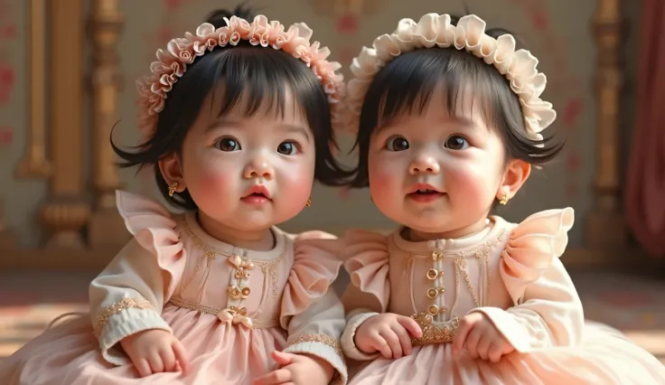 Créez une photo de deux bébés jumeaux coréens. L'un porte une tenue inspirée d'Annelise de Barbie, La Princesse et le Pois, en rose et bleu. L'autre porte Genevieve de Barbie et les 12 Princesses Ballerines, en rose et blanc. humain super réaliste