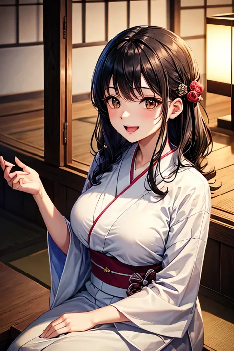 masterpiece, high quality, female, thirties, elegant, natural beauty,Long, straight black hair, smiling, soft lighting, casual outfit,open mouth,A young elegant woman with long,,tits,(((brown eyes))), Inside a traditional Japanese ryokan, a beautiful woman...