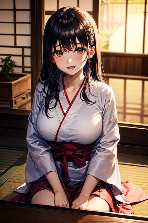 masterpiece, high quality, female, thirties, elegant, natural beauty,Long, straight black hair, smiling, soft lighting, casual outfit,open mouth,A young elegant woman with long,,tits,(((brown eyes))), Inside a traditional Japanese ryokan, a beautiful woman...