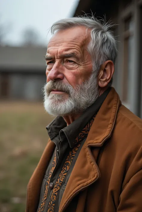 A portrait of an elderly Ukrainian man, captured from the waist up, standing outdoors in natural daylight. He has a receding hairline with short, silver hair on the sides and a full, well-groomed beard. His face is weathered with deep wrinkles, reflecting ...