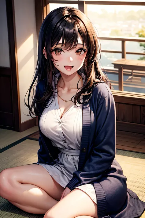 masterpiece, high quality, female, thirties, elegant, natural beauty,Long, straight black hair, smiling, soft lighting, casual outfit,open mouth,A young elegant woman with long,,tits,(((brown eyes))), At a serene Kyoto temple in the early morning, a dignif...