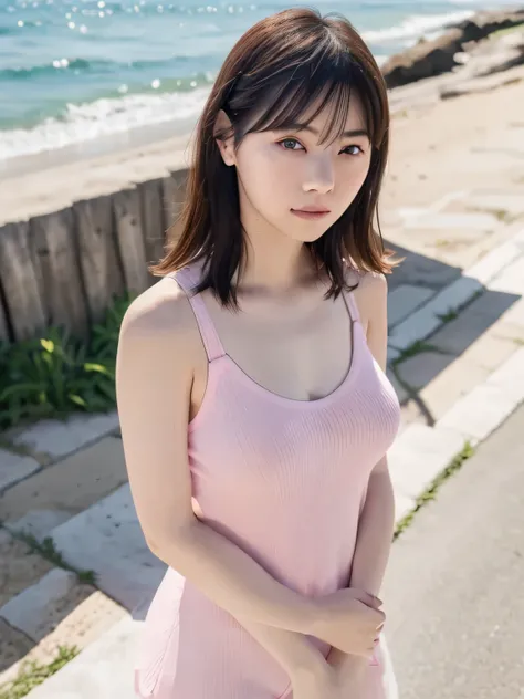  Greatest Masterpiece 、 Best Quality , Ultra High Resolution、(１beautiful Japanese girls wearing peplums are standing on the edge of the waves)、 rainbow heterochromia、(I'm wearing a tight tank top made of ribbed material(pink))、insanely cute、(Big boobs:1.0)...