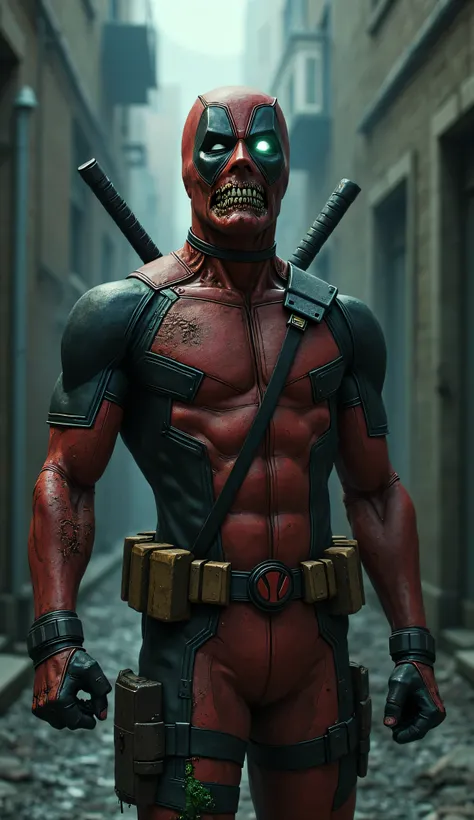 "A full body view of decayed yet eerily comedic undead Deadpool poses in a dimly lit alley. Half of his red and black mask is ripped away, exposing a rotting, grotesque skull with a sinister grin and a single glowing eye. His body, riddled with undead scar...