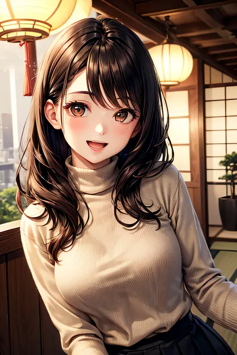 masterpiece, high quality, female, thirties, elegant, natural beauty,Long black hair, smiling, soft lighting, casual outfit,open mouth,A young elegant woman with long,(((brown eyes))), Inside a traditional Japanese ryokan,black turtleneck sweater and a bei...