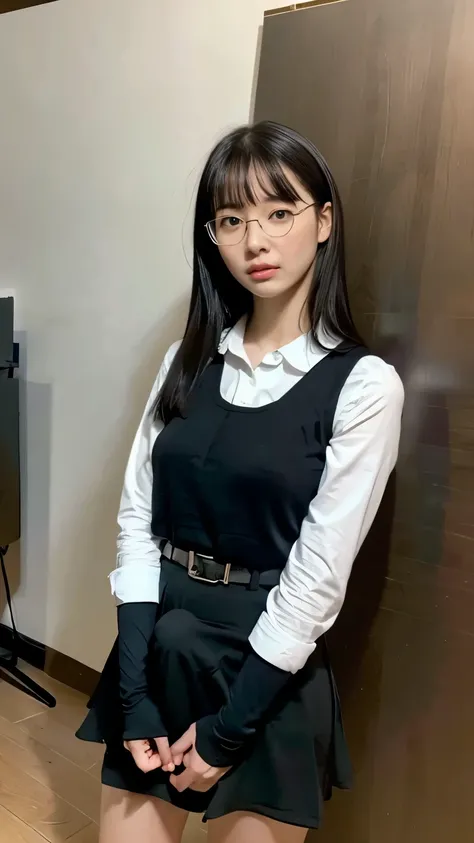 (Best Quality:1.5), (Genuine:1.4), (Ultra High Precision:1.4), (no correction:1.4), (a slender Japanese woman standing in front of a plain background in the studio、Average size breastsを持っています), (woman with black-rimmed glasses), (Very small eyes), (Average...