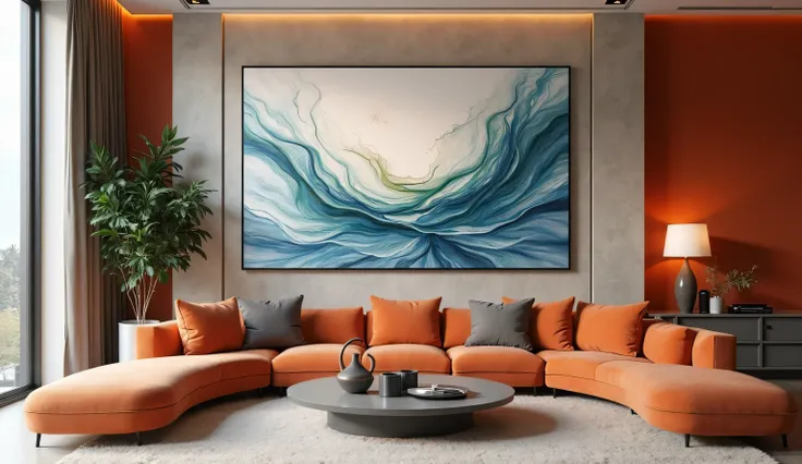 square image of flowing art suspended in a modern and colorful living space, furnished with modern style and design 