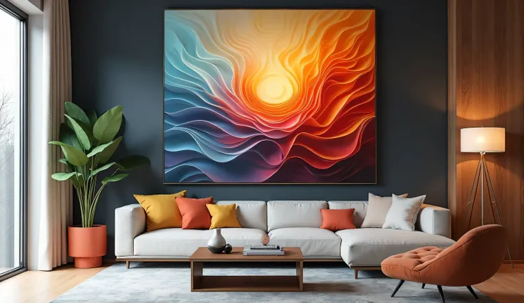 square image of flowing art suspended in a modern and colorful living space, furnished with modern style and design 