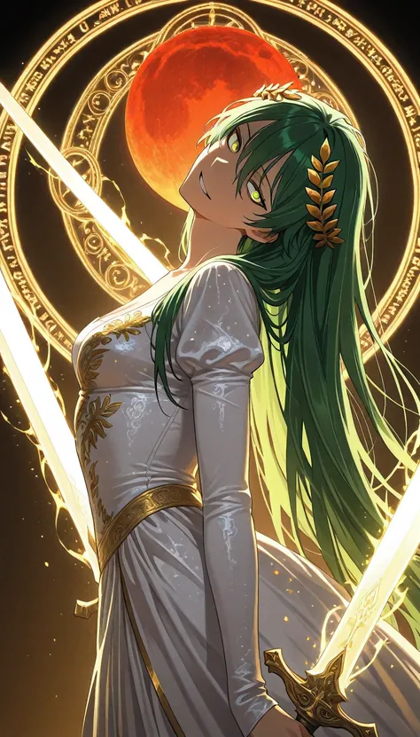 (upper body shot, close up shot, solo:1.2),sword dance, sword circle, detailed background, dvr-mthng-sdxl, magic circle,magic array, detailxl, Anime illustration, detailed anime artstyle, cinematic, volumetric lighting, clear sky, massive magical aura, moo...