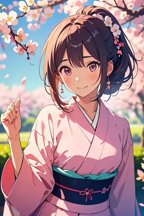 Best Quality、Hi-Res、(high image quality:1.4)、masterpiece、detailed background、very detailed face、detailed eyes、age beauty、Normal number of fingers、anatomically correct、perfect body line、Bright-colored hair、ponytail、 braided bob cut 、Under the cherry blossom...