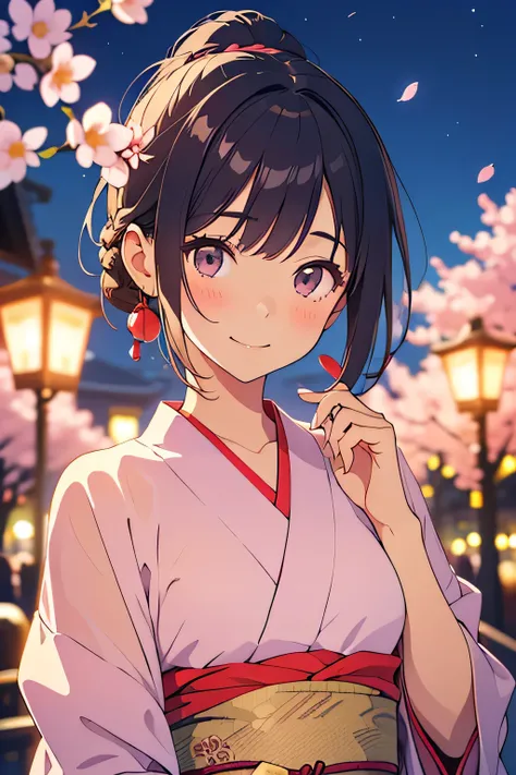 Best Quality、Hi-Res、(high image quality:1.4)、masterpiece、detailed background、very detailed face、detailed eyes、age beauty、Normal number of fingers、anatomically correct、perfect body line、Bright-colored hair、ponytail、 braided bob cut 、Under the cherry blossom...