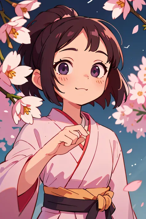 Best Quality、Hi-Res、(high image quality:1.4)、masterpiece、detailed background、very detailed face、detailed eyes、age beauty、Normal number of fingers、anatomically correct、perfect body line、Bright-colored hair、ponytail、 braided bob cut 、Under the cherry blossom...