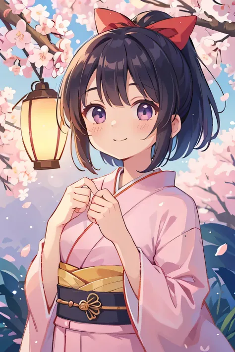 Best Quality、Hi-Res、(high image quality:1.4)、masterpiece、detailed background、very detailed face、detailed eyes、age beauty、Normal number of fingers、anatomically correct、perfect body line、Bright-colored hair、ponytail、 braided bob cut 、Under the cherry blossom...
