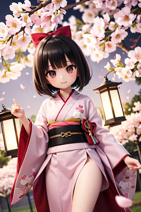 Best Quality、Hi-Res、(high image quality:1.4)、masterpiece、detailed background、very detailed face、detailed eyes、age beauty、Normal number of fingers、anatomically correct、perfect body line、Bright-colored hair、ponytail、 braided bob cut 、Under the cherry blossom...