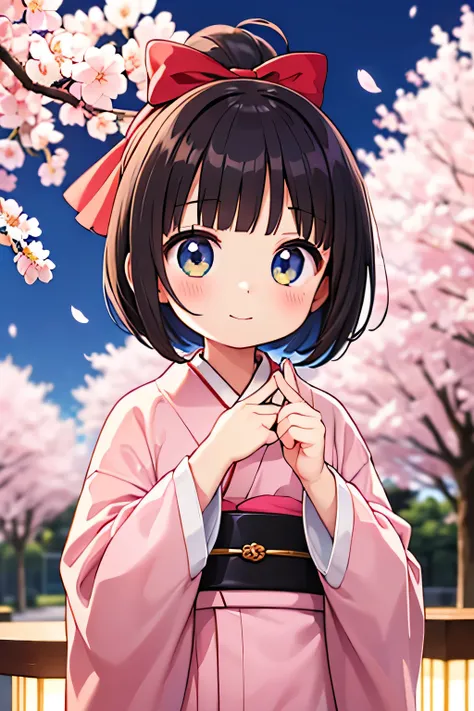 Best Quality、Hi-Res、(high image quality:1.4)、masterpiece、detailed background、very detailed face、detailed eyes、age beauty、Normal number of fingers、anatomically correct、perfect body line、Bright-colored hair、ponytail、 braided bob cut 、Under the cherry blossom...