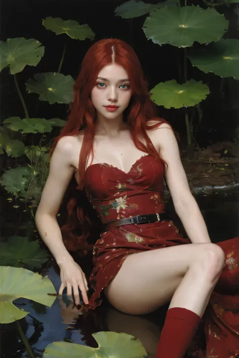 (oil painting:1.5),
\\
a woman with (red long curtly hair ), ((green eyes)) is lie on the ground, lotus, in water, (amy sol:0.248) with  red dress,  (stanley artgerm lau:0.106), (a detailed painting:0.353), (gothic art:0.106)