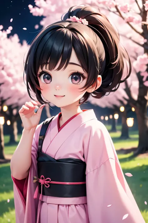 Best Quality、Hi-Res、(high image quality:1.4)、masterpiece、detailed background、very detailed face、detailed eyes、age beauty、Normal number of fingers、anatomically correct、perfect body line、Bright-colored hair、ponytail、 braided bob cut 、Under the cherry blossom...