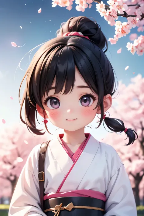 Best Quality、Hi-Res、(high image quality:1.4)、masterpiece、detailed background、very detailed face、detailed eyes、age beauty、Normal number of fingers、anatomically correct、perfect body line、Bright-colored hair、ponytail、 braided bob cut 、Under the cherry blossom...