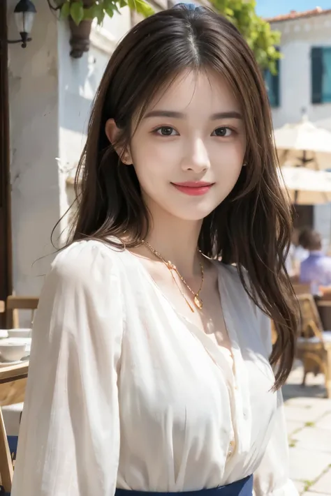 masterpiece, Highest quality, realistic, Very detailed, Finer Details, High resolution, 8k wallpaper, One beautiful woman,Wear a nice blouse, On the terrace of a lovely cafe, 、 Hair、 、Wavy Hair、、  in the ear、necklaces、smile

