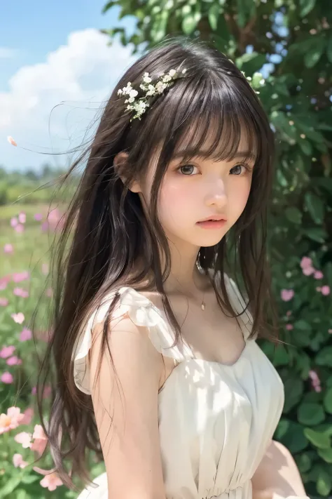masterpiece, Top Quality, RAW photo, Pastel Pink Garden, (Blowing Wind), beautiful girl, (Delicate beauty, slender), , white dress, semi-long hair, With bangs, ( hair swaying in the wind), Fair-skinned , ( Pure white ), light makeup that breaks, Shiny Ch...