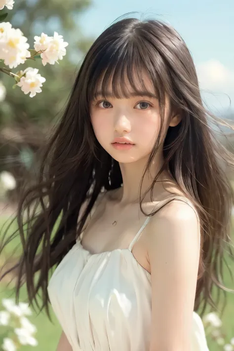 masterpiece, Top Quality, RAW photo, Pastel Pink Garden, (Blowing Wind), beautiful girl, (Delicate beauty, slender), , white dress, semi-long hair, With bangs, ( hair swaying in the wind), Fair-skinned , ( Pure white ), light makeup that breaks, Shiny Ch...