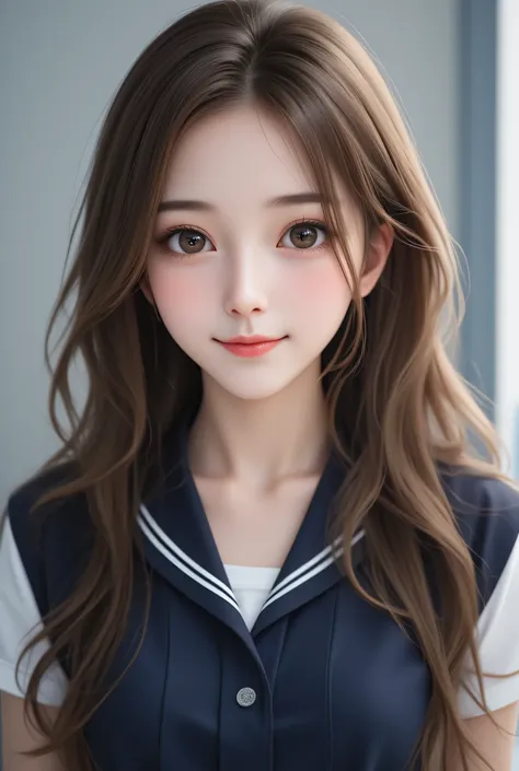 (super cute young face),
(full body shot:1.5),
(sparkling clear attractive large glowing eyes), (japanese idol face),very beautiful cute girl,(baby face),see-through bangs,
dark blue sailor high school uniforms,(dark blue pleated skirt:1.2),
cheerful happy...