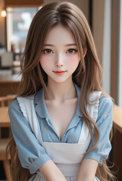 (super cute young face),
(full body shot:1.5),
(sparkling clear attractive large glowing eyes), (japanese idol face),very beautiful cute girl,(baby face),see-through bangs,
(super shiny blue and white maid costume :1.2),cafe restaurant,
cheerful happy smil...