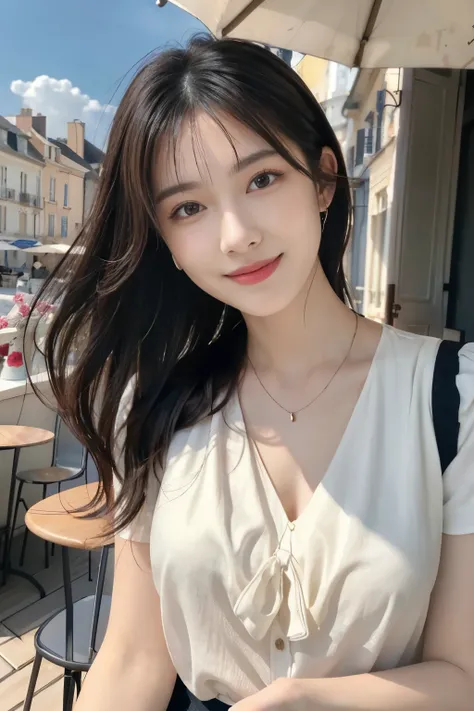 masterpiece, Highest quality, realistic, Very detailed, Finer Details, High resolution, 8k wallpaper, One beautiful woman,Wear a nice blouse, On the terrace of a lovely cafe, 、Jet Black Hair、 Hairstyle Shortcut 、Wavy Hair、、  in t耳にピアス、necklaces、smile
